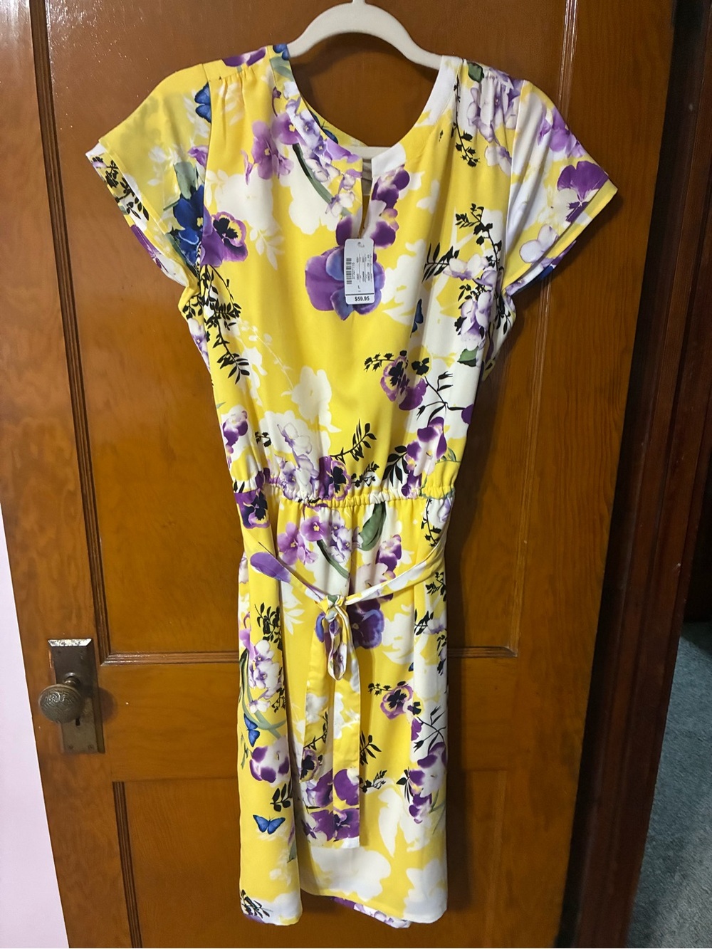 🎉 4/$25 NWT - $59.95 CJ Banks Yellow Floral Tie-Waist Dress with Purple Accents